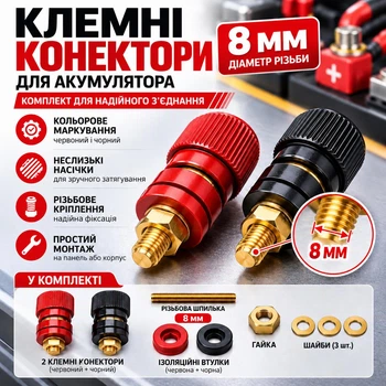 Комплект клемм для аккумулятора 8 мм, 2 шт., красная + чёрная, клеммы для подключения и распределения питания 12–48 В