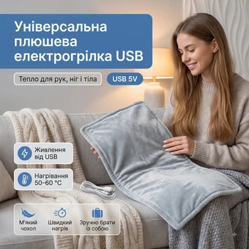 Електрогрілка універсальна плюшева працює від USB-павербанка ноутбука 30х50 см нагрівальний килимок грілка для тіла ніг і рук спини живота 40-60 °C