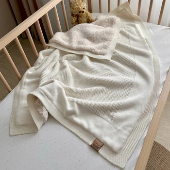 Плед детский вязаный Teddy Рогожка Маленькая Соня на меховой подкладке 80х100 см молочный
