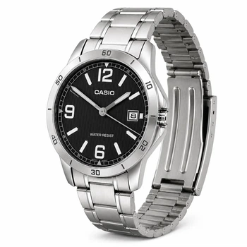 Чоловічий годинник Casio MTP-V004D-1B2 з датою, сріблястий металевий браслет, чорний циферблат