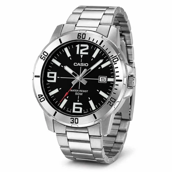 Чоловічий годинник Casio MTP-VD01D-1B з мінеральним склом, чорним циферблатом і сріблястим браслетом