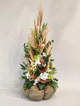 Интерьерная композиция тыквы с цветами, праздничный декор к Хеллоуину «Природный уют» 30*65 см