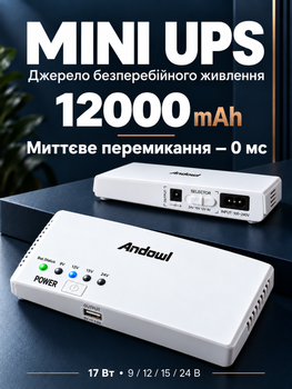 Безперебійник mini dc ups powerbank для wi fi роутера модема ONU ip камери led освітлення Andowl Q-A212 дбж юпс резервний акумуляторний 12000mah джерело безперебійного живлення інтернет вай фай з павербанк акумулятором кабель дс 9v 12v 15v 24v PoE usb 5v