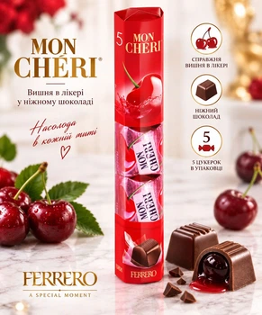 Набір Цукерки Ferrero Mon Chéri Ферреро Мон Шері з цілою Вишнею та лікером у шоколаді 5шт Міні-упаковка 52г
