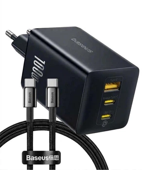 Мережевий зарядний пристрій 100W Baseus EnerFill FE11 три порти 2Type-C + 1USB-A швидка зарядка PD 3.0 + QC 3.0/4.0 Black + Кабель 100W Baseus Type-C - Type-C 1m Black