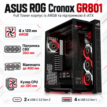 Корпус для ПК Asus ROG Cronox GR801 Curve TG ARGB Full Tower без БЖ Extended ATX Black (90DC00T0-B09030)