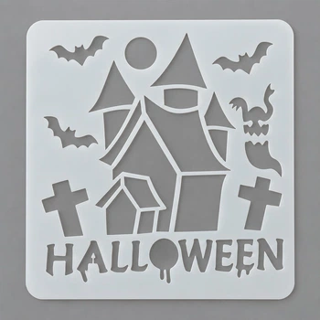 Трафарет для торта на Хэллоуин Замок с летучими мышами и надписью Halloween кондитерский шаблон для декора выпечки 13 на 13 см серый
