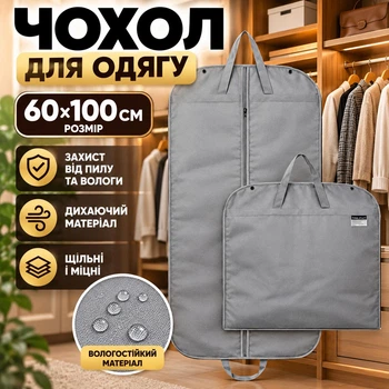 Чехол для одежды 100х60 см на молнии защитный кофр для хранения вещей пылевлагозащитный многоразовый органайзер для пальто шуб курток костюмов платьев рубашек переносной дорожный прочный дышащий серый