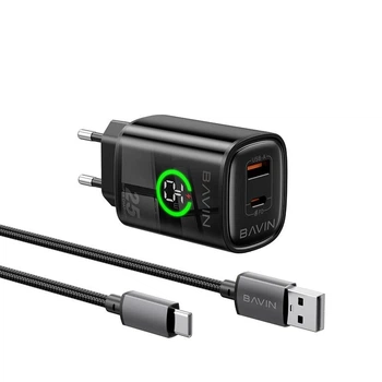 Сетевое зарядное устройство комплект BAVIN PC2196Y-С PD 25W Type-C/USB-A + кабель Type-C/USB-A 18W Black