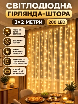 Светодиодная гирлянда штора 3х2 метра 200 LED светодиодов новогодняя гирлянда шторка от USB гирлянда нить на окно 8 режимов прозрачный провод Желтый