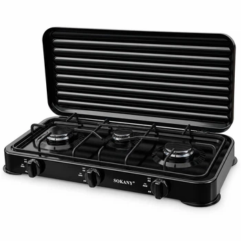 Газовая настольная плита SOKANY SK-6003 трехконфорочная с крышкой, 59×31×8 см Черный