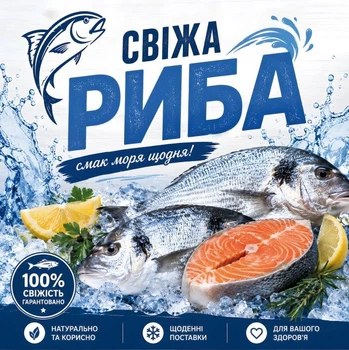 Баннер для продуктового магазина "Свежая рыба. Вкус моря", размер 2х2м.