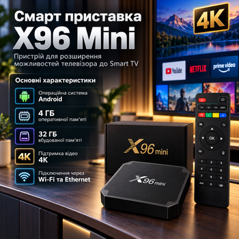 Смарт-ТВ приставка X96 Mini 4/32 ГБ Android 4K Wi-Fi з HDMI та Ethernet