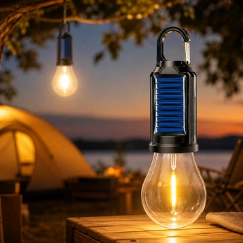 Акумуляторний кемпінговий ліхтар LED із сонячною панеллю USB заряджанням гачком 360° трьома режимами яскравості захистом від бризок для туризму дачі