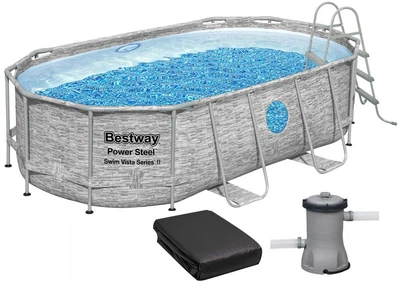 Каркасный бассейн Bestway 56714 овальный 427х250х100, 7250 л, с картриджным фильтром, лестницей, тентом