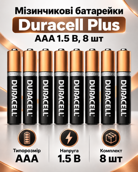 Щелочные минипальчиковые батарейки Duracell Plus AAA 8 шт LR03 1.5 В Alkaline с технологией Duralock для бытовой техники