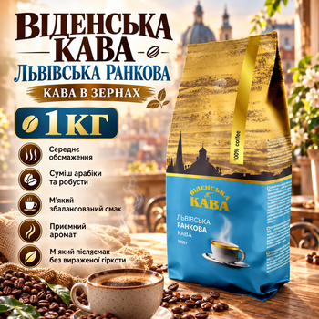 Зерновой кофе Виденский кофе Львовская утренняя 1000 г арабика робуста средняя обжарка мягкий аромат без горечи карамельные шоколадные фруктовые ноты для кофеварки кофемашины