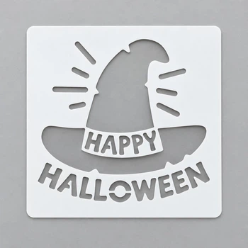 Трафарет на Хелловін Капелюх відьми Happy Halloween шаблон для декору та малювання 13 на 13 см сірий