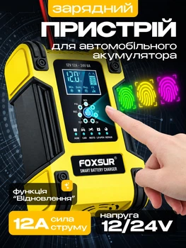 Зарядное устройство для аккумуляторов LiFePO4 гелевых AGM грузовиков Foxsur FBC122412D 12 А 12/24 В 6-200 А·ч импульсное автоматическое с вентилятором и восстановлением АКБ жёлтый