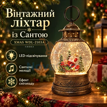Вінтажний ліхтар зі снігопадом і мелодіями, новорічна LED прикраса із Сантою на санях, круглий різдвяний світильник Коричневий