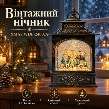 Винтажный ночник с Сантой в санях, рождественский фонарь с теплым светом, новогодняя LED композиция с оленями