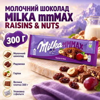 Шоколад молочний Milka mmMAX Raisins Nuts з родзинками горіхами велика плитка солодкий десерт у фольгованій упаковці 300 г