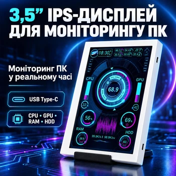 3.5" IPS додатковий екран, вторинний дисплей Type-C для моніторингу CPU GPU RAM HDD (Windows), Білий