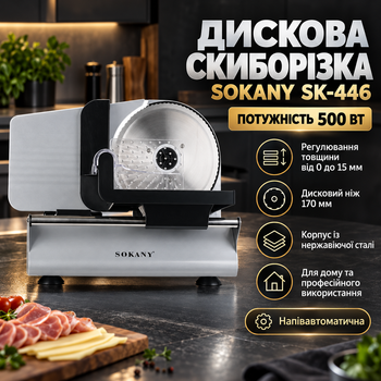 Слайсер SOKANY SK-446 500 Вт дискова скиборізка напівавтоматична ніж 170 мм регулювання нарізки 0–15 мм для м'яса сиру ковбаси овочів