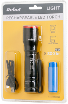 Ручной аккумуляторный фонарь Rebel 10 Вт 800 лм 300 м с зумом USB-C (URZ0927-1)