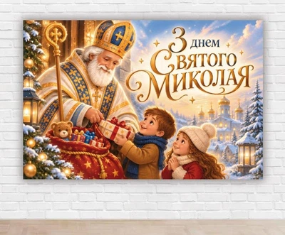 Бумажный плакат на новый год. Рождество "С днем Святого Николая. Подарки. Дети", 100х150 см