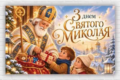 Бумажный рождественский плакат "С днем Святого Николая. Дети. Подарки", 120х75 см
