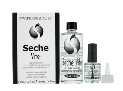 Seche Vite Dry Fast Top Coat, быстросохнущее верхнее покрытие-закрепитель для обычного лака для ногтей, глянцевый финиш, защита от сколов и продление стойкости маникюра, набор 118 мл + 14 мл