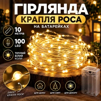 Гирлянда Капля Роса на батарейках 10 метров 100LED Теплый Белый