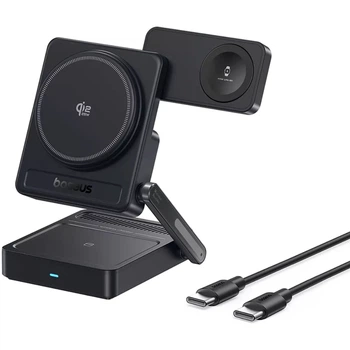 Бездротова зарядна станція Baseus PicoGo AF21 3-в-1 Qi2.2 35W з кабелем Type-CtoType-C 1м Чорний (707160001)