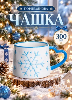 Чашка новогодняя фарфоровая 300 мл Снежинка чашка на подарок с новогодним принтом для ребенка детей