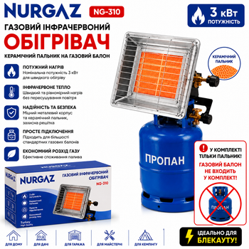 Газовий інфрачервоний обігрівач Nurgaz NG-310, 3000 Вт