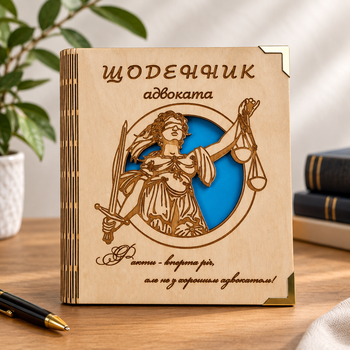 Деревянный блокнот "Щоденник адвоката"(на цельной обложке с ручкой), ежедневник из дерева блокнот для адвоката