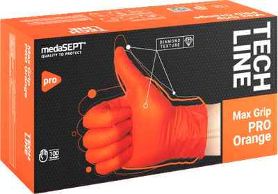 Рукавички надміцні medaSEPT Max Grip Orange pf нітрилові текстуровані Нестерильні без пудри розмір L 100 шт Помаранчеві (5901738875272)