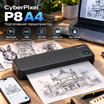 Портативный термопринтер CyberPixel P8 A4, Bluetooth, USB, 203 DPI, аккумулятор 2550 мАч, без чернил, для Android iOS ПК, черный