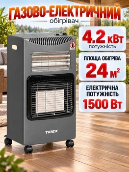 Газовый обогреватель инфракрасный 2 в 1 электрический TIREX TRAPG180D 4200 Вт керамический автономный газово-электрический баллонный нагреватель кварцевый 1500 Вт для дома мастерской дачи гаража мощный камин отопитель