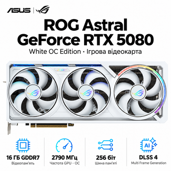 Видеокарта Asus ROG Astral NVIDIA GeForce RTX 5080 OC Edition 16GB GDDR7 30000 MHz 2790 MHz White (90YV0LV4-M0NA00)