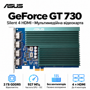 Видеокарта Asus NVIDIA GeForce GT 730 Silent 4 HDMI 2GB GDDR5 5010 MHz 927 MHz Blue (90YV0H20-M0NA00)