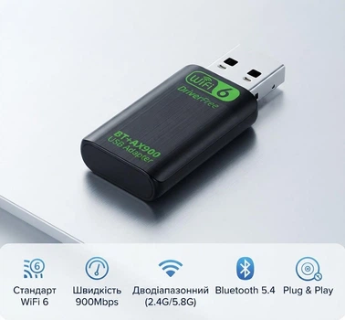 Wi‑Fi адаптер AX900, Wi‑Fi 6 + Bluetooth 5.4, дводіапазонний 2.4 ГГц + 5 ГГц, Plug & Play