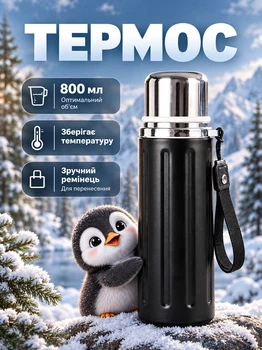 Термос для чая и кофе 800 мл из нержавеющей стали с крышкой-чашкой и ремешком для переноски, черный