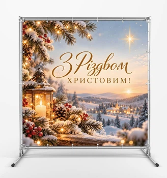 Рождественский баннер "С Рождеством Христовым. Калина. Шишки" размер 2х2 м. С люверсами