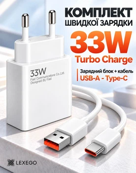 Комплект швидка зарядка LEXEGO 33W Turbo Charge зарядний пристрій з кабелем USB-A to Type-C для телефона планшета блок живлення зі шнуром Quick Charge мережевий адаптер для Xiaomi Samsung iPhone ксяомі самсунга білий (XMK-33W)