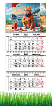 Календарь настенный квартальный на 2027 год на три пружины, Apriori , Котик , Рыжий Кот, Крым, Херсонский Арбуз , 29,7х61см , 2 вид