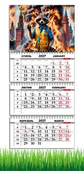 Календарь настенный квартальный на 2027 год на три пружины, Apriori , Патриотический календарь, "Енот Бодя", Мечта Украины , 29,7х61см
