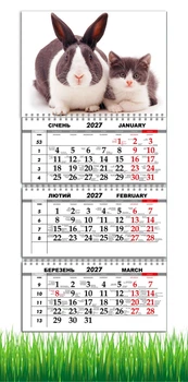 Календарь настенный квартальный на 2027 год на три пружины, Apriori , Животные , Кролик , Кот, 29,7х61см