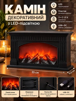 Камін декоративний світлодіодний з LED-підсвіткою з ефектом тліючого вугілля та живого полум’я 35 см нічник світильник камін-імітація вогню ЛЕД-підсвітка 35×11.5×21 см Чорний